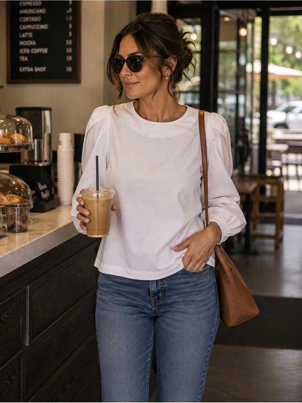 Mille White Cotton Puff Sleeve Pleated Shoulder Blouse Top Small
